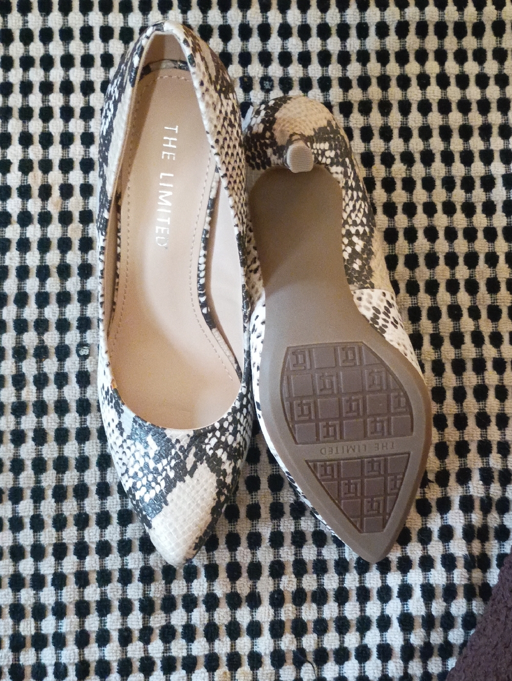 The Limited Snake-Print Pointed Toe Flats in Black and Cream